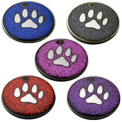 Engraved Pet ID Tags For Cats and Dogs 25mm Round Novelty Glitter Pet Tags With Paw Shape Insert