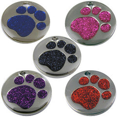 Pet ID Tags Engraved Dog Discs Designer Novelty Glitter Paw Insert With Silver Round Tag 32mm LARGE