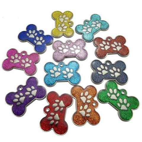 Engraved Pet ID Tags 34mm EXTRA LARGE Bone Shape with Paw Insert Reflective Glitter Colour Dog Discs
