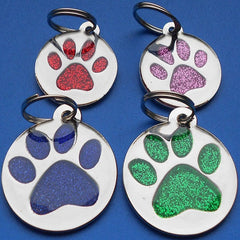 Tab Pet ID Tags Engraved Dog Discs Designer Novelty Glitter Paw Insert With Silver Round Tag 25mm