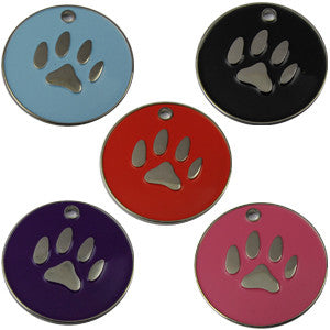 Engraved ID Tags Dog Cat Discs 25mm Round Colour Enamel With Paw Shape Insert