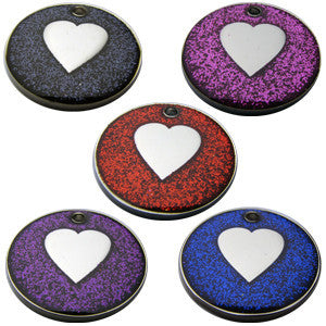 32mm Round Novelty Glitter Pet Tags With Heart Shape Insert