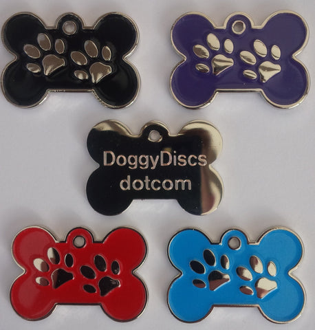 Engraved Pet ID Tags 32mm Bone Shape with Paw Insert Plain Colour Dog Discs