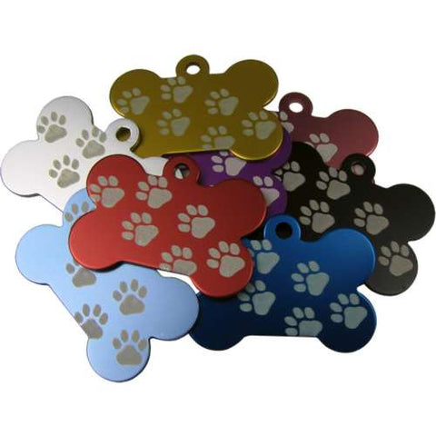 Engraved Pet ID Tags Discs Bone Shaped with Paw Prints 38mm Anodised Aliminium