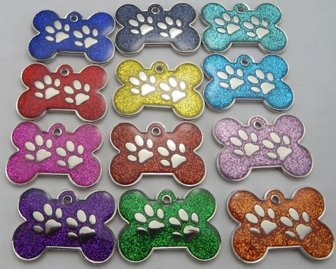Engraved Pet ID Tags EXTRA LARGE 38mm Bone Shape with Paw Insert Reflective Glitter Colour Dog Discs