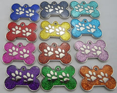 Engraved Pet ID Tags 34mm Bone Shape with Paw Insert Reflective Glitter Colour Dog Discs